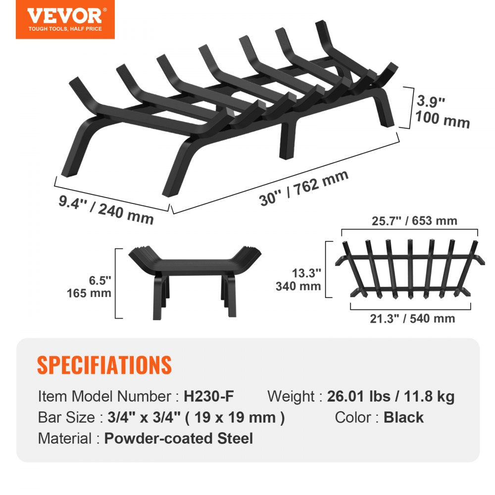 VEVOR Fireplace Log Grate, 30 inch Heavy Duty Fireplace Grate with 6 Support Legs, 3/4’’ Solid Powder-coated Steel Bars, Log Firewood Burning Rack Holder for Indoor and Outdoor Fireplace 