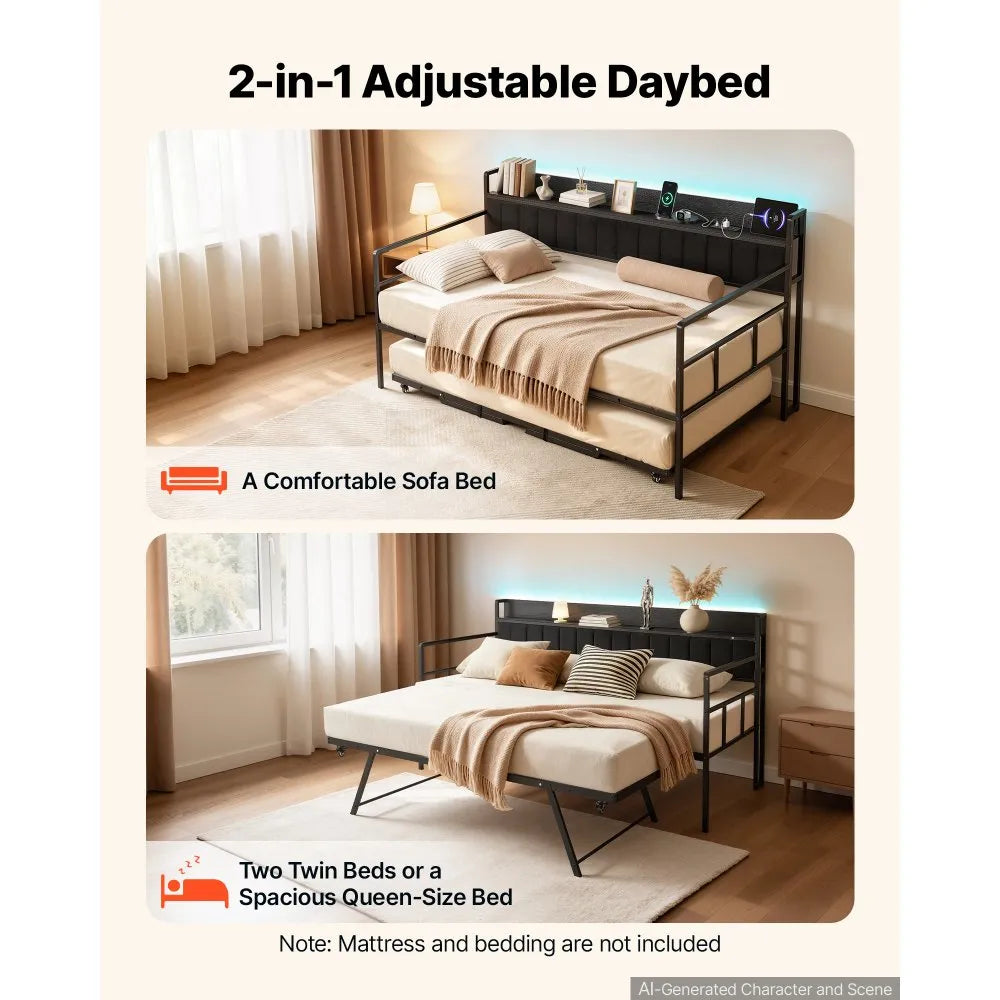 Twin Daybed with Pop-Up Trundle, LED Lights, Charging Station & Storage Headboard – Black