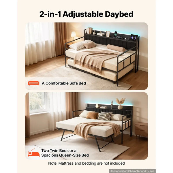 Twin Daybed with Pop-Up Trundle, LED Lights, Charging Station & Storage Headboard – Black