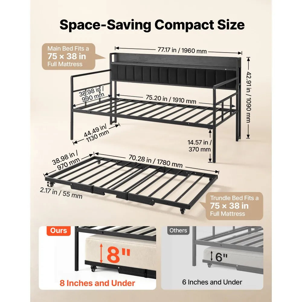 Twin Daybed with Pop-Up Trundle, LED Lights, Charging Station & Storage Headboard – Black