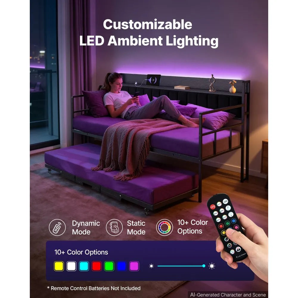 Twin Daybed with Pop-Up Trundle, LED Lights, Charging Station & Storage Headboard – Black