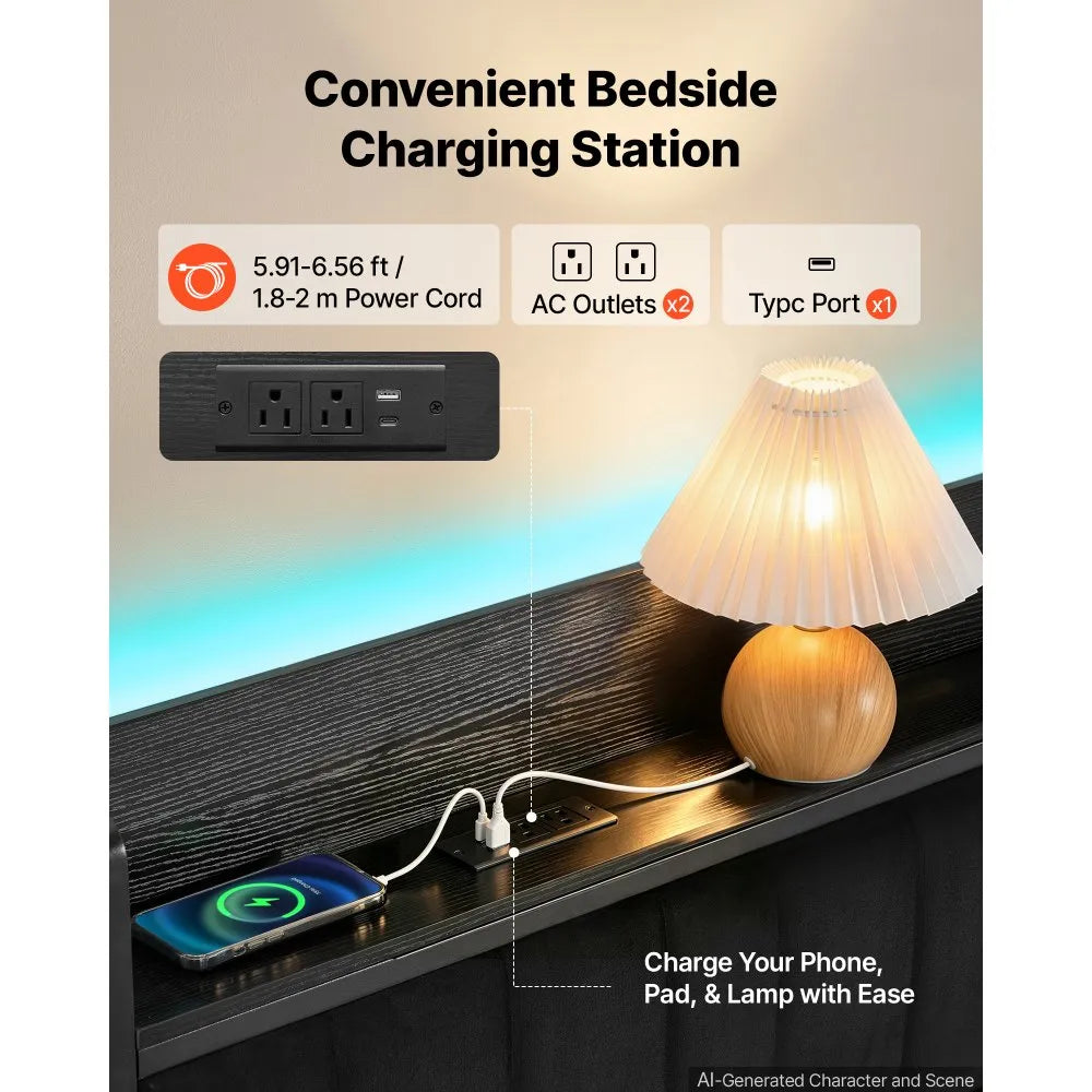 Twin Daybed with Pop-Up Trundle, LED Lights, Charging Station & Storage Headboard – Black