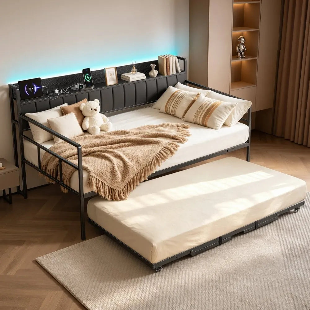 Twin Daybed with Pop-Up Trundle, LED Lights, Charging Station & Storage Headboard – Black
