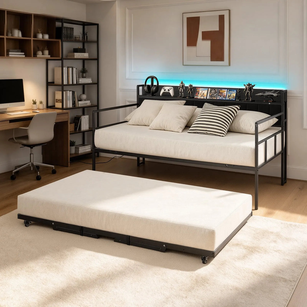 Twin Daybed with Pop-Up Trundle, LED Lights, Charging Station & Storage Headboard – Black