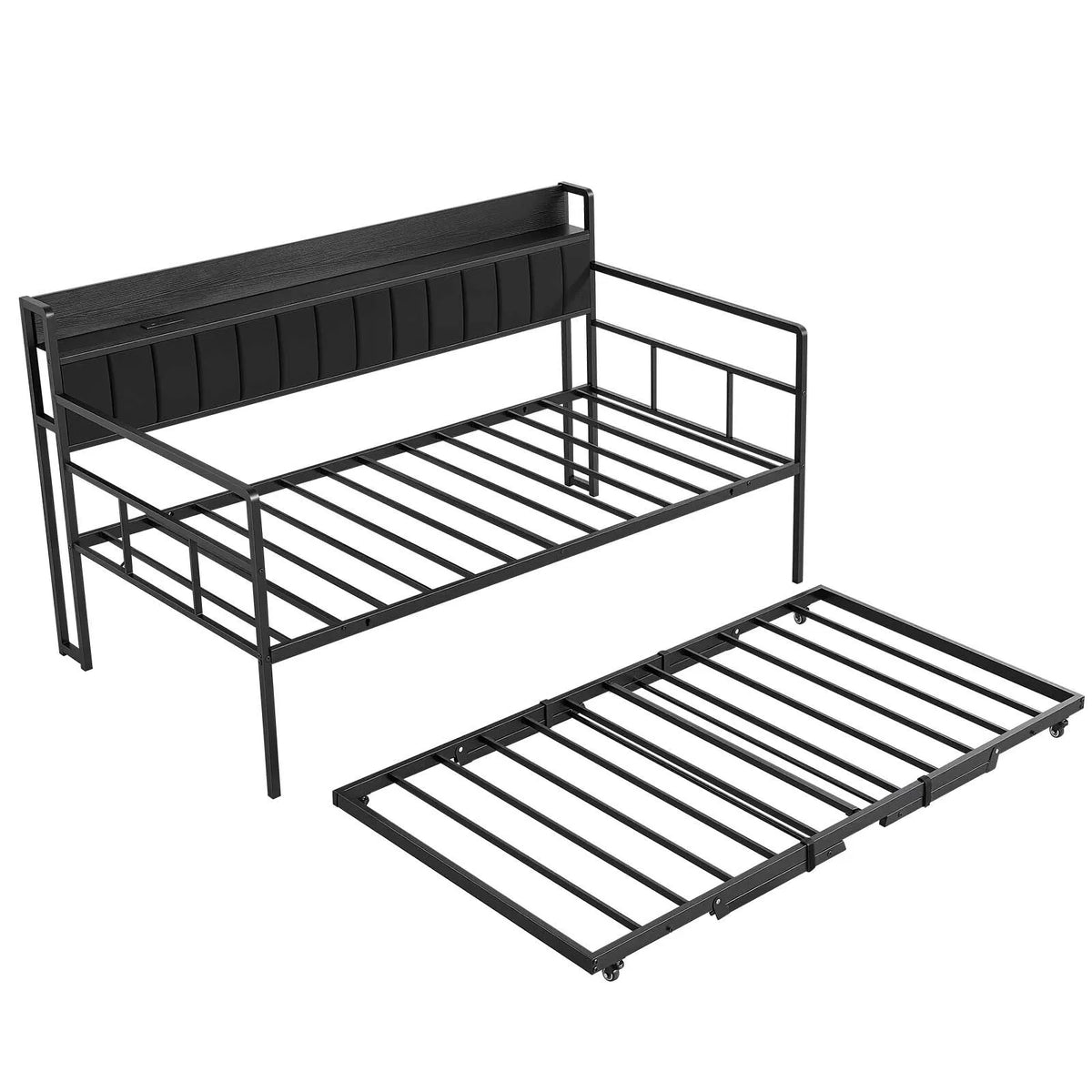 Twin Daybed with Pop-Up Trundle, LED Lights, Charging Station & Storage Headboard – Black