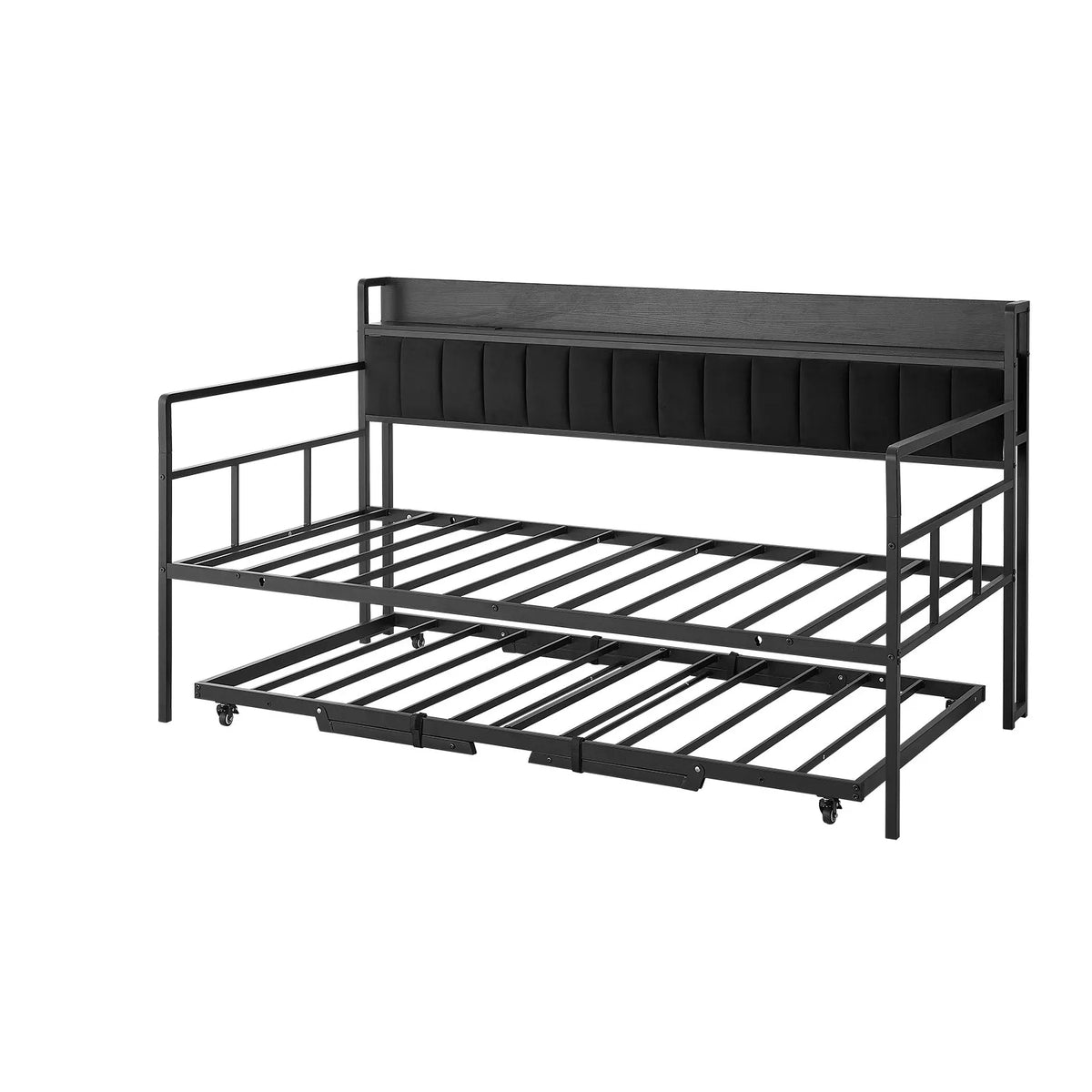 Twin Daybed with Pop-Up Trundle, LED Lights, Charging Station & Storage Headboard – Black