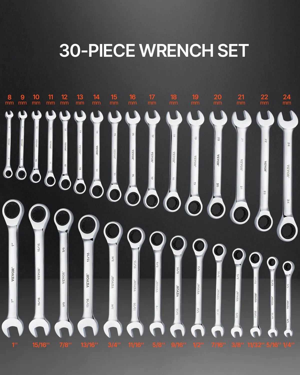 VEVOR Combination Wrench Set 30 PCS SAE 1/4" to 1", Metric 8-24mm Organizer Rack