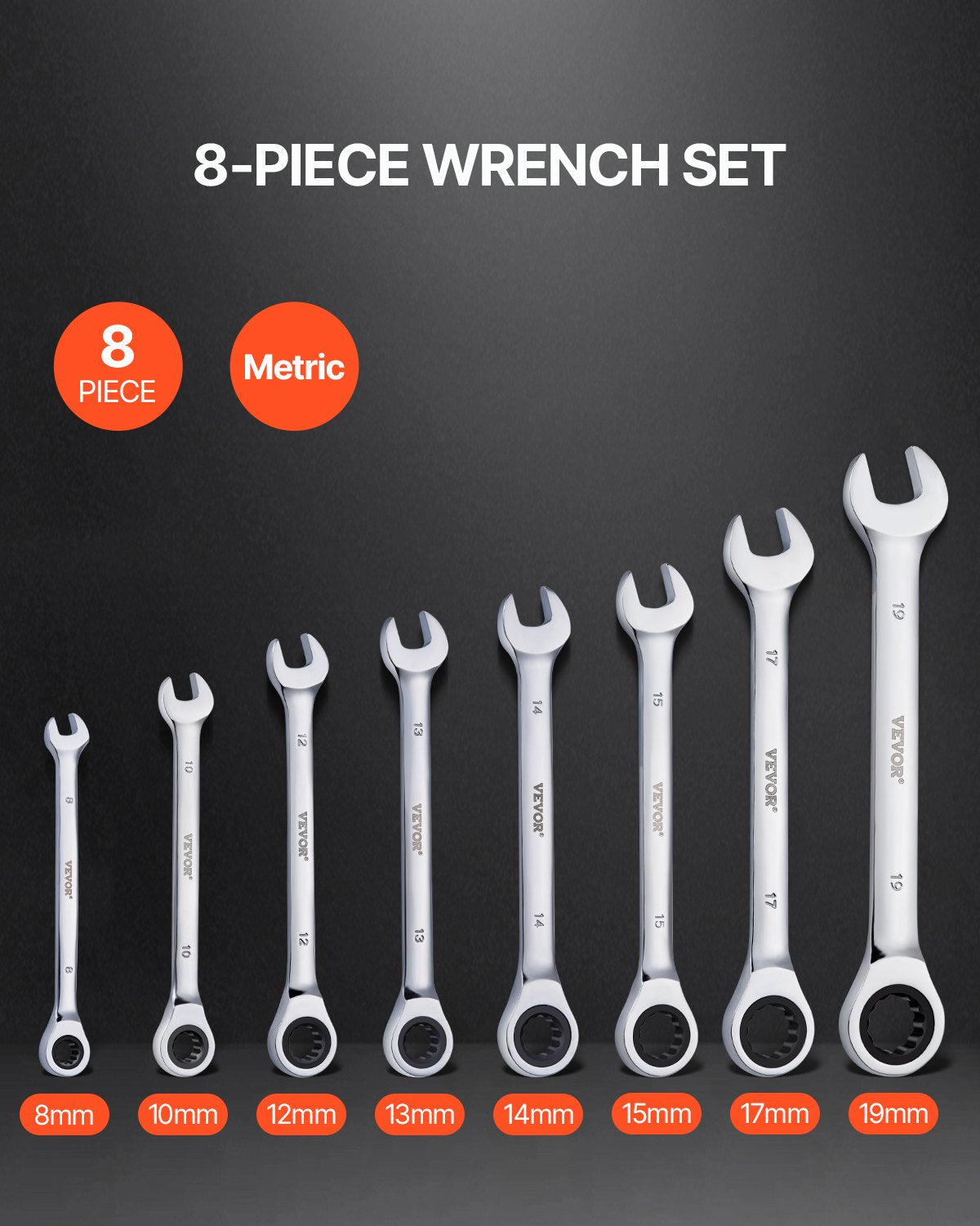 VEVOR Combination Wrench Set 8-Piece Metric 8 mm to 19 mm with Organizer Rack 