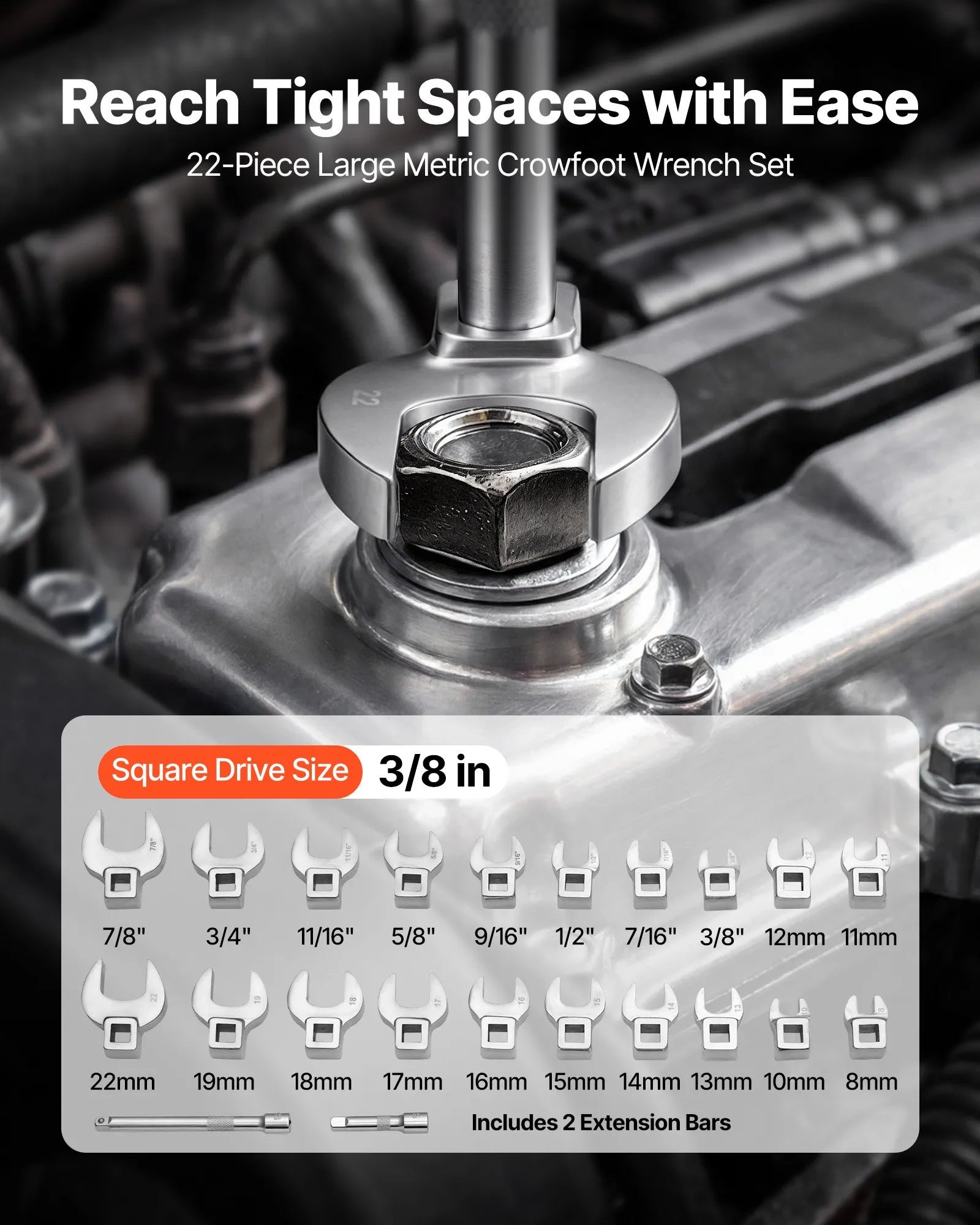 Crowfoot Wrench Set – 22-Piece Metric & SAE Crows Foot Wrench Set, 3/8" Drive, Cr-Mo Alloy Steel with Storage Tray