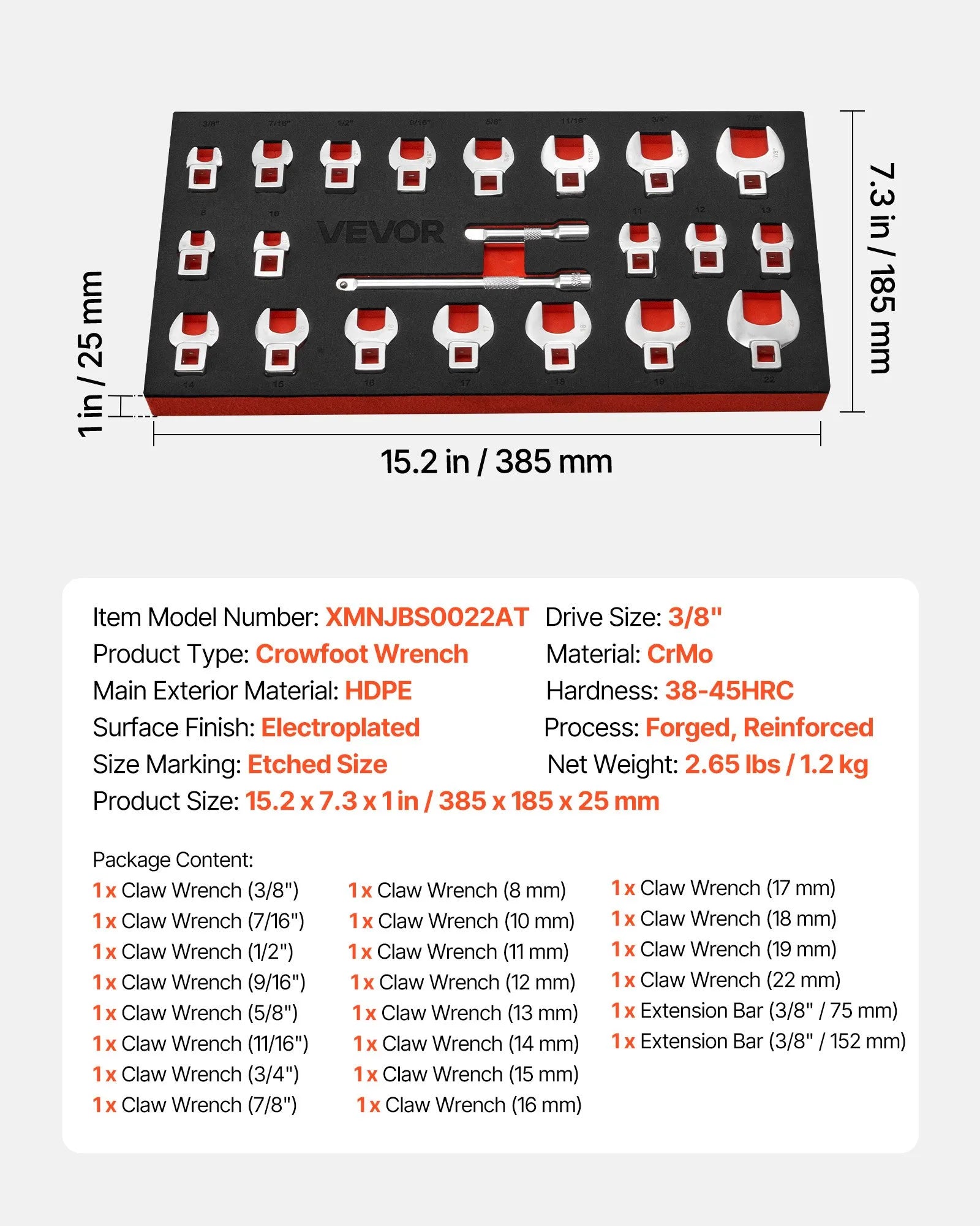 Crowfoot Wrench Set – 22-Piece Metric & SAE Crows Foot Wrench Set, 3/8" Drive, Cr-Mo Alloy Steel with Storage Tray