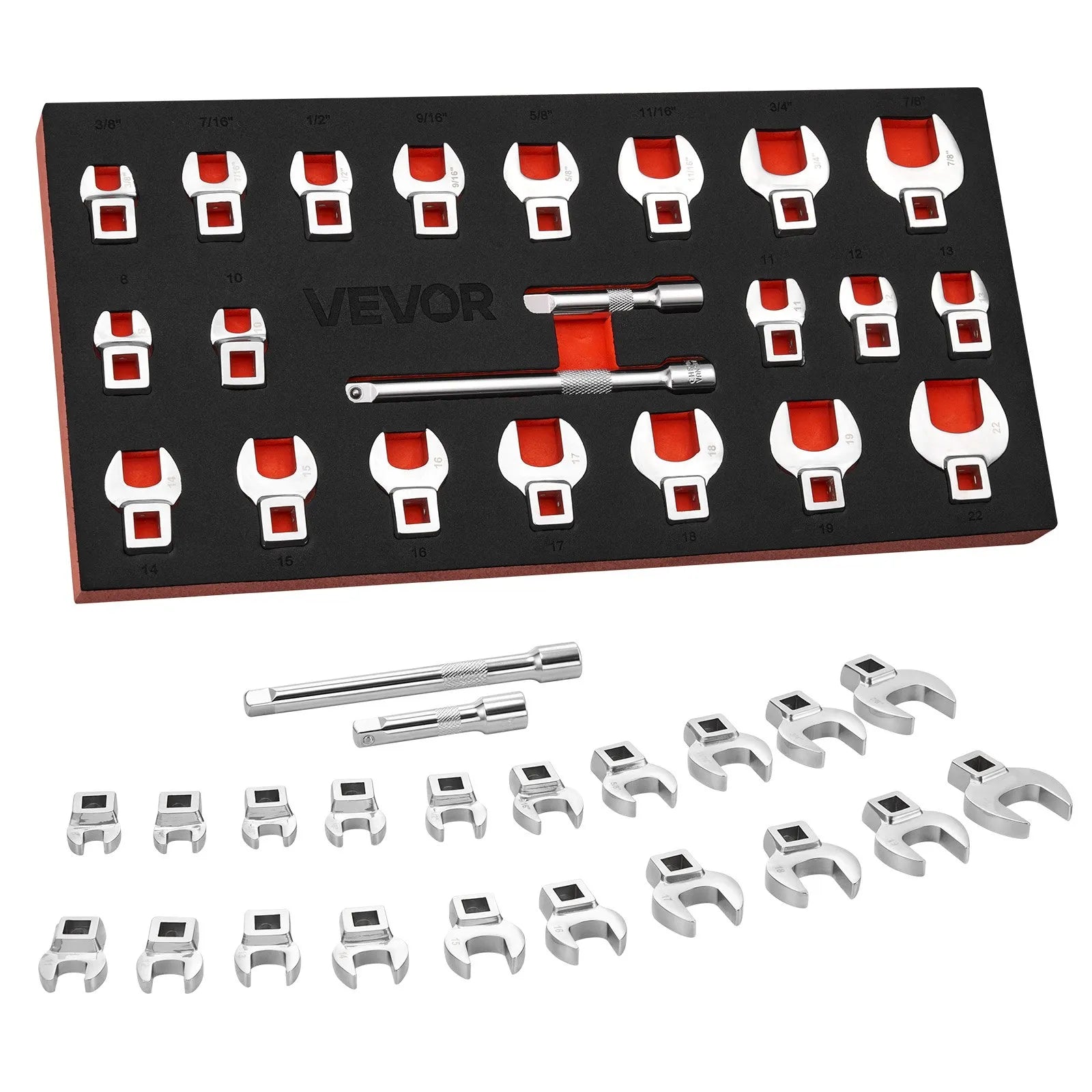 Crowfoot Wrench Set – 22-Piece Metric & SAE Crows Foot Wrench Set, 3/8" Drive, Cr-Mo Alloy Steel with Storage Tray