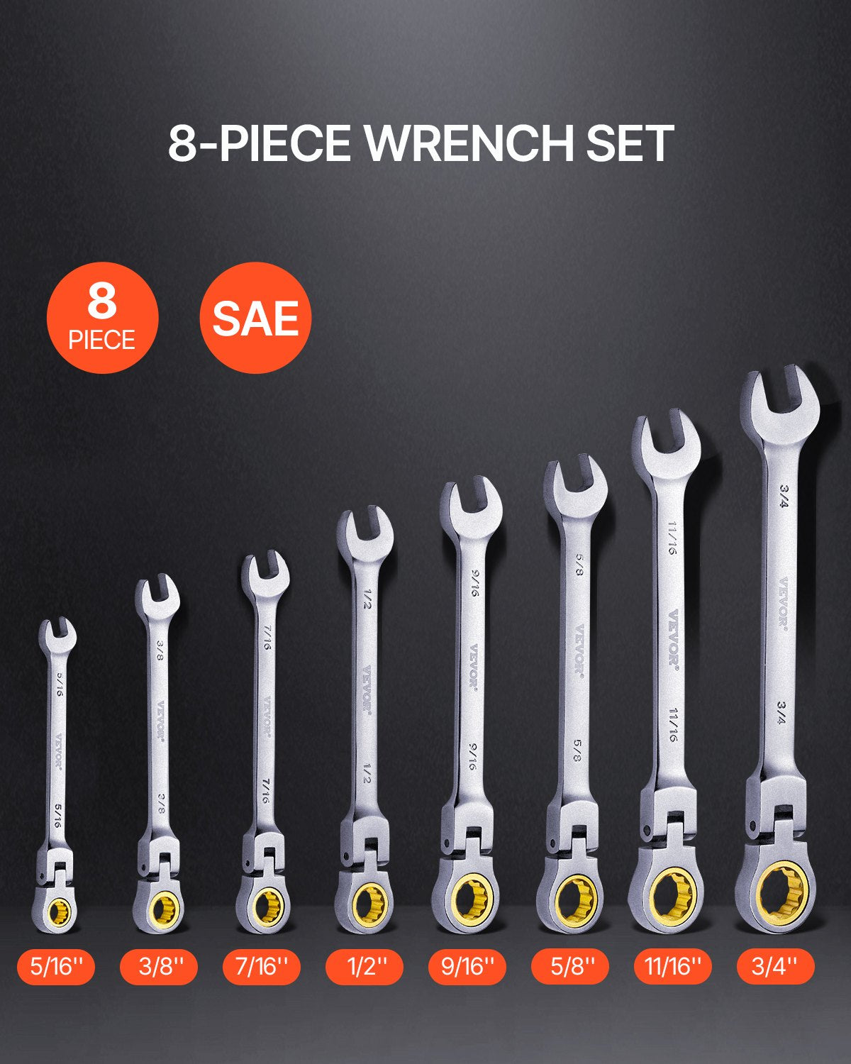 VEVOR Flex-Head Ratcheting Wrench Set 8 PCS SAE 5/16"-3/4" with Roll-up Pouch 