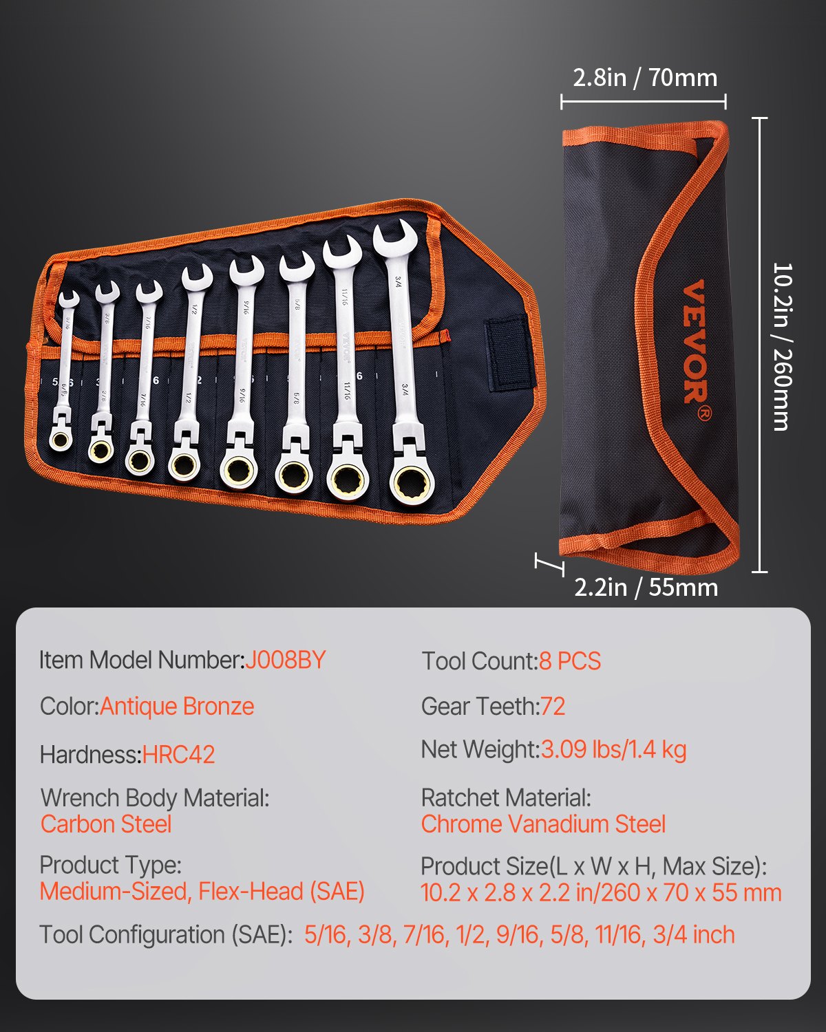VEVOR Flex-Head Ratcheting Wrench Set 8 PCS SAE 5/16"-3/4" with Roll-up Pouch 