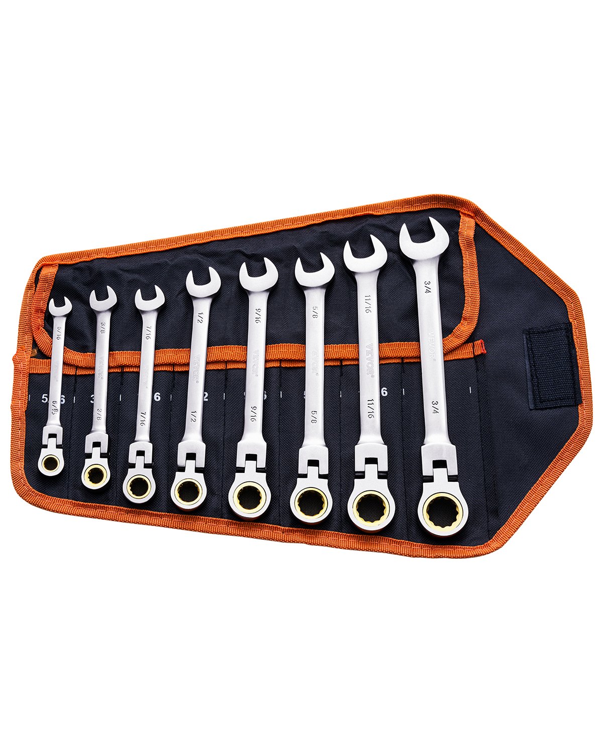 VEVOR Flex-Head Ratcheting Wrench Set 8 PCS SAE 5/16"-3/4" with Roll-up Pouch 