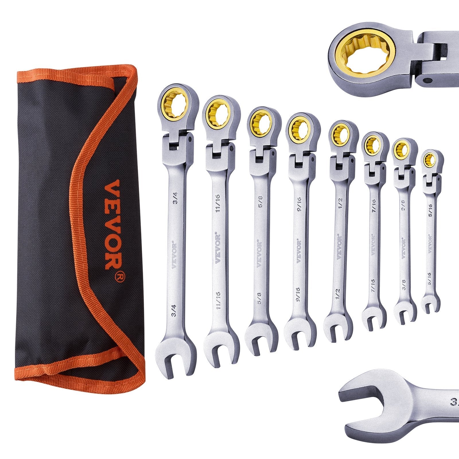 VEVOR Flex-Head Ratcheting Wrench Set 8 PCS SAE 5/16"-3/4" with Roll-up Pouch 