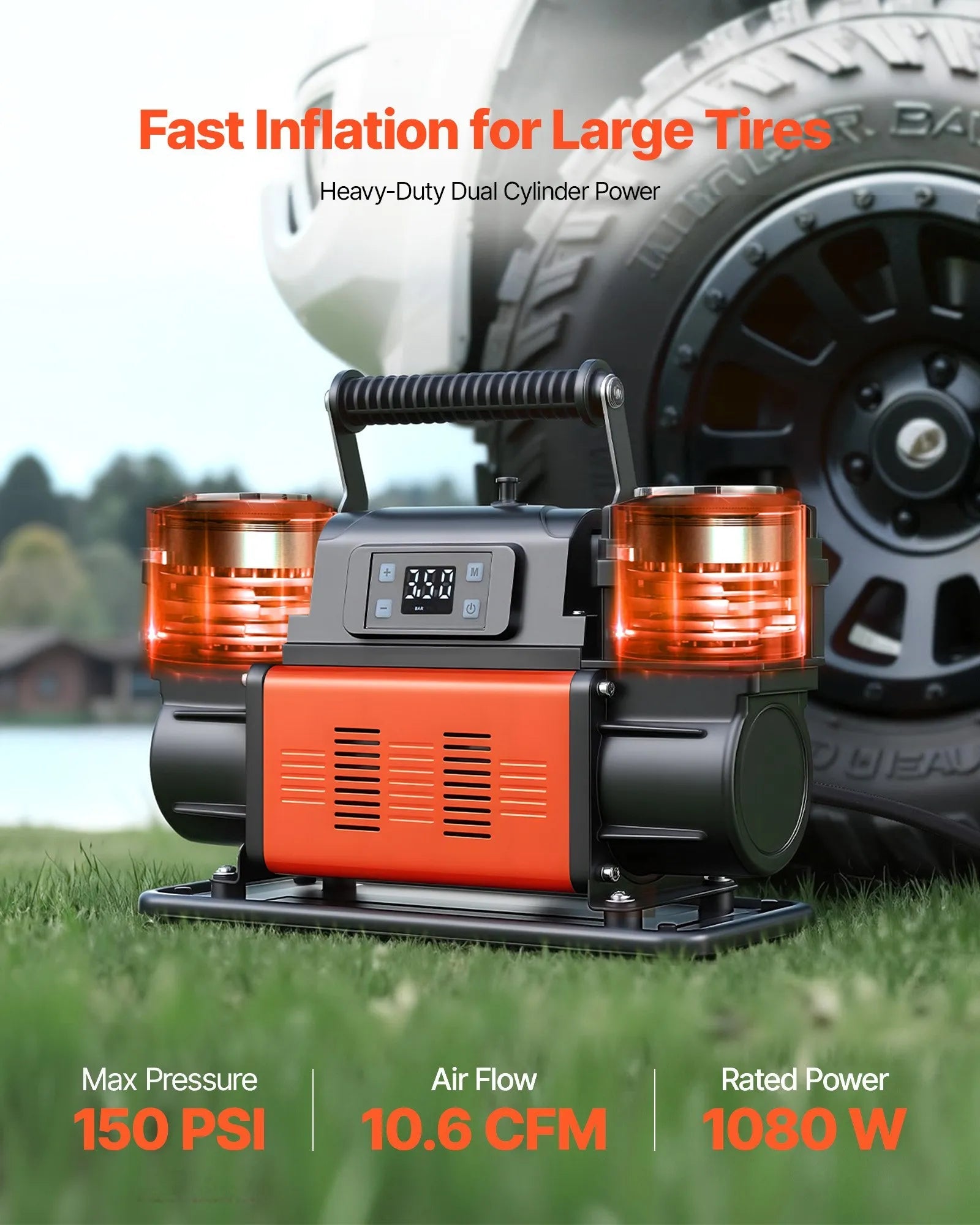 VEVOR Dual-Cylinder Heavy Duty Air Compressor, 10.6CFM Auto-Stop Portable Tire Inflator, 12V 150PSI Offroad Air Pump with LCD Digital Display & Adapters for Truck Car SUV 4 x 4 Vehicle RV 