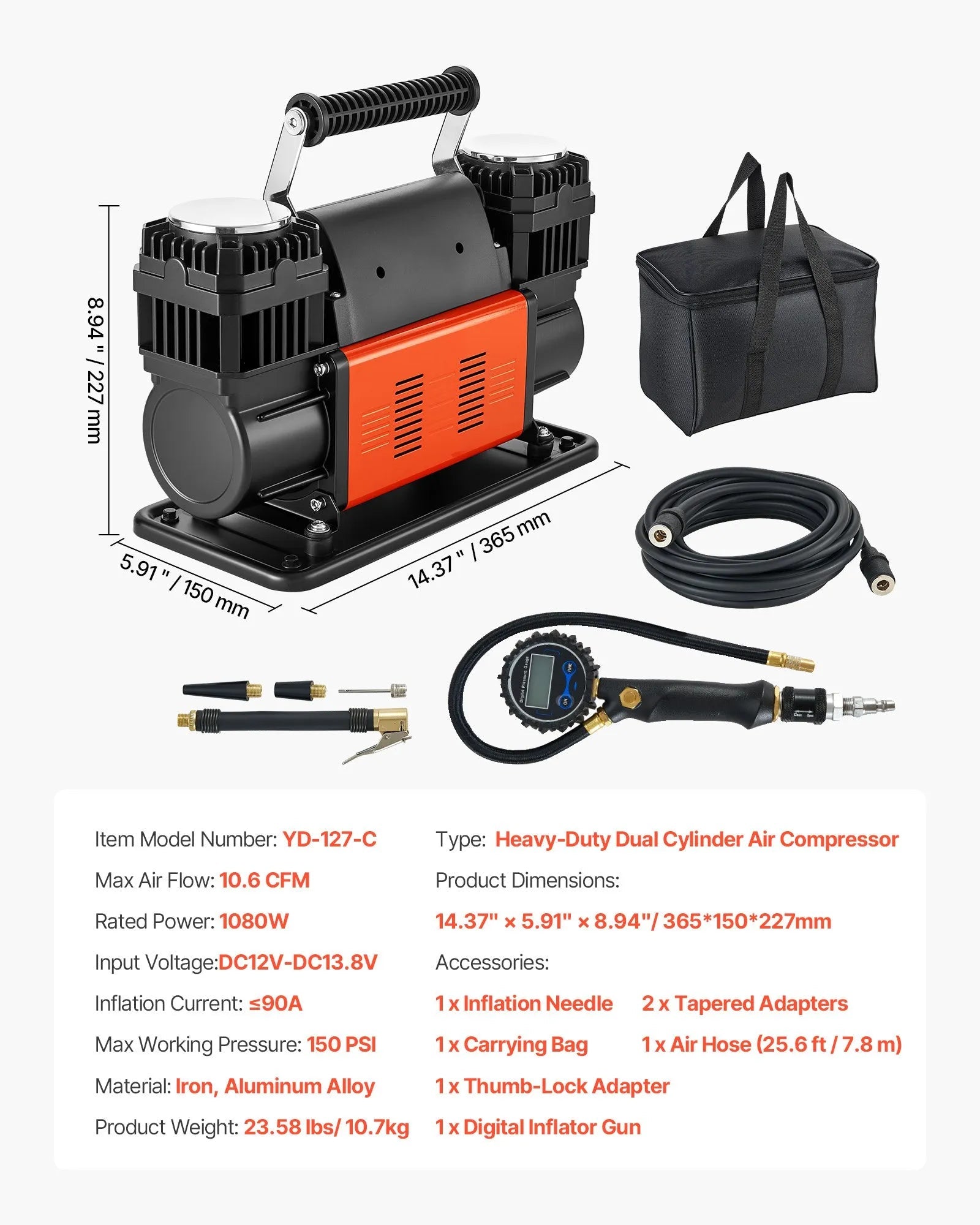 VEVOR Dual-Cylinder Heavy Duty Air Compressor, 10.6CFM Portable Tire Inflator, 12V 150PSI Offroad Air Pump with Digital Pressure Gauge & Adapters for Truck Car SUV 4 x 4 Vehicle RV 