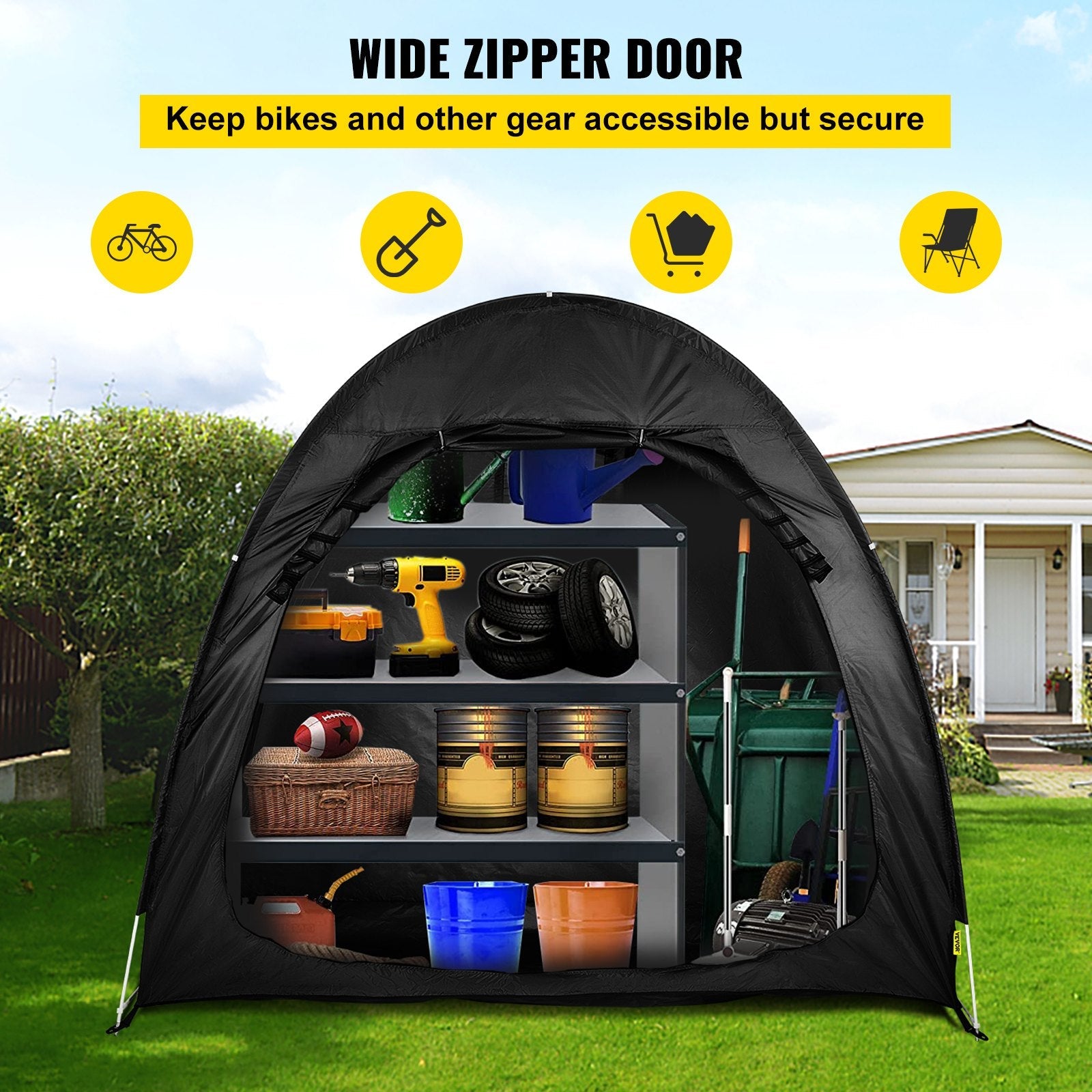 VEVOR Bike Cover Storage Tent, 420D Oxford Portable for 2 Bikes, Outdoor Waterproof Anti-Dust Bicycle Storage Shed, Heavy Duty for Bikes, Lawn Mower, and Garden Tools, w/ Carry Bag and Pegs, Black 