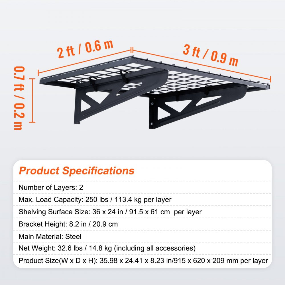 VEVOR Garage Storage Shelving, 2 Pack, 3 x 2 ft Heavy Duty Garage Shelves Wall Mounted, 500 lbs Load Capacity(Total) Garage Storage Rack Floating Shelves, Suitable for Shop, Shed, Garage Storage 