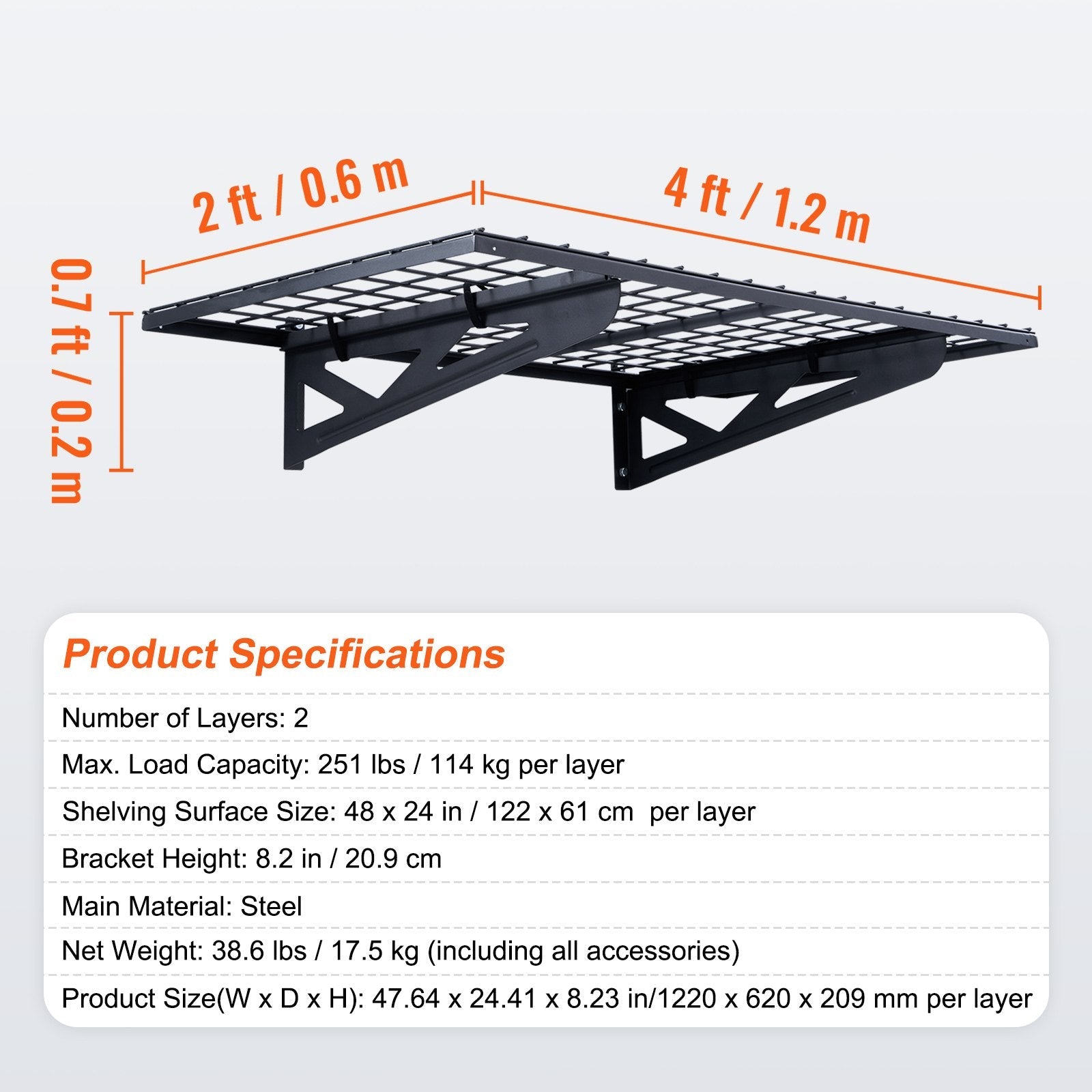 VEVOR Garage Storage Shelving, 2 Pack, 4 x 2 ft Heavy Duty Garage Shelves Wall Mounted, 502 lbs Load Capacity(Total) Garage Storage Rack Floating Shelves, Suitable for Shop, Shed, Garage Storage 