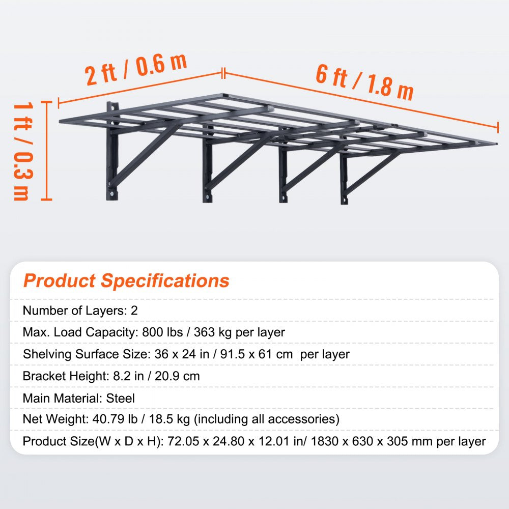 VEVOR Garage Storage Shelving, 2 Pack, 6 x 2 ft Heavy Duty Garage Shelves Wall Mounted, 1600 lbs Load Capacity(Total) Garage Storage Rack Floating Shelves, Suitable for Shop, Shed, Garage Storage 