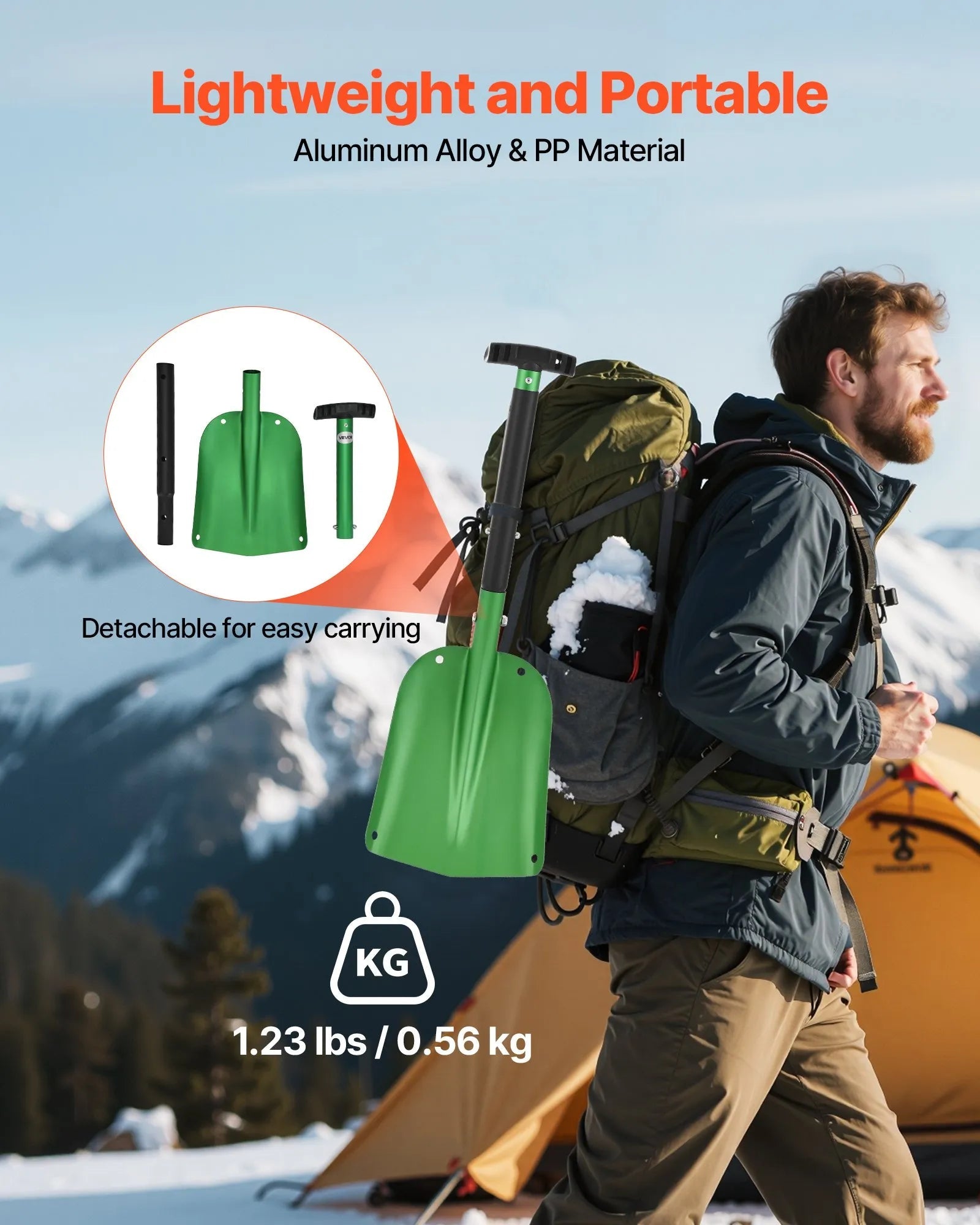 VEVOR Snow Shovel for Driveway, 8.5 in Wide Aluminum Alloy Snow Shovel with T-shaped Handles, Large Capacity Snowplow Shovels, Portable & Lightweight Snows Removal Tool for Garden Car Camping 