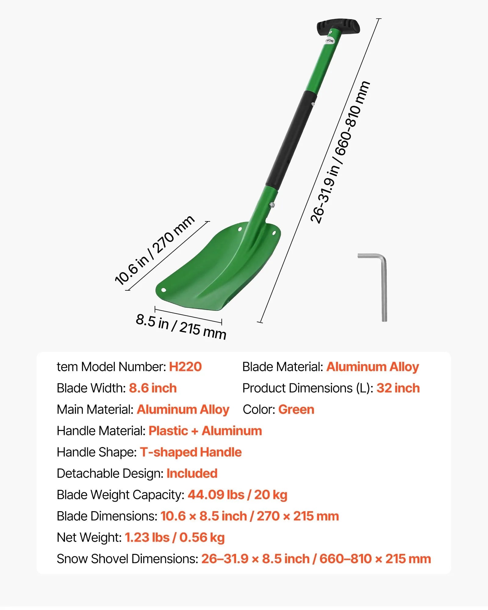 VEVOR Snow Shovel for Driveway, 8.5 in Wide Aluminum Alloy Snow Shovel with T-shaped Handles, Large Capacity Snowplow Shovels, Portable & Lightweight Snows Removal Tool for Garden Car Camping 