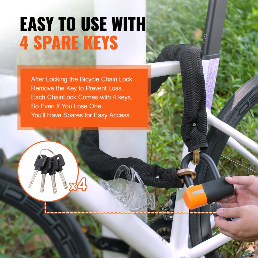 VEVOR Bike Chain Lock 3.28 Ft Bicycle Chain Lock with 4 Keys Metal Steel 14mm 
