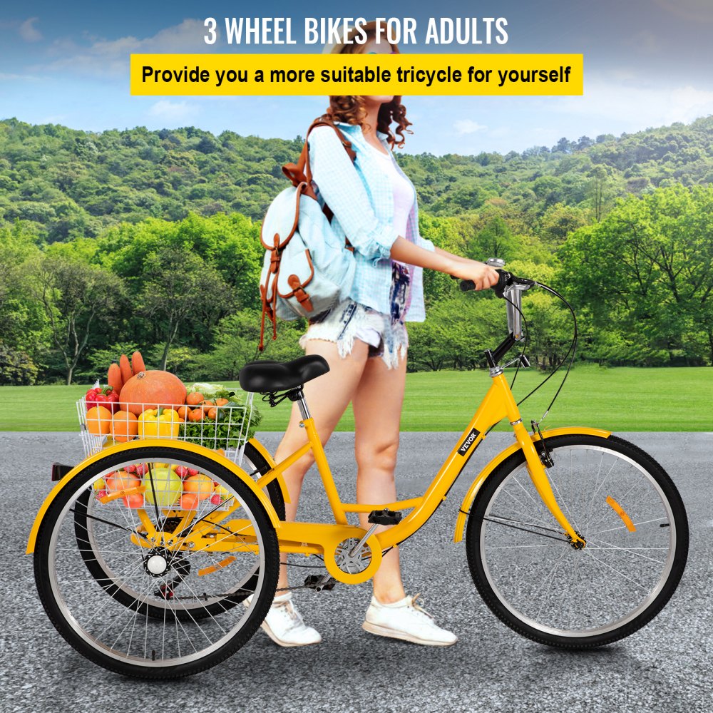 VEVOR Adult Tricycle 1 Speed 7 Speed Size Cruise Bike 20 Inch Adjustable Trike with Bell, Brake System Cruiser Bicycles Large Size Basket for Recreation Shopping Exercise 