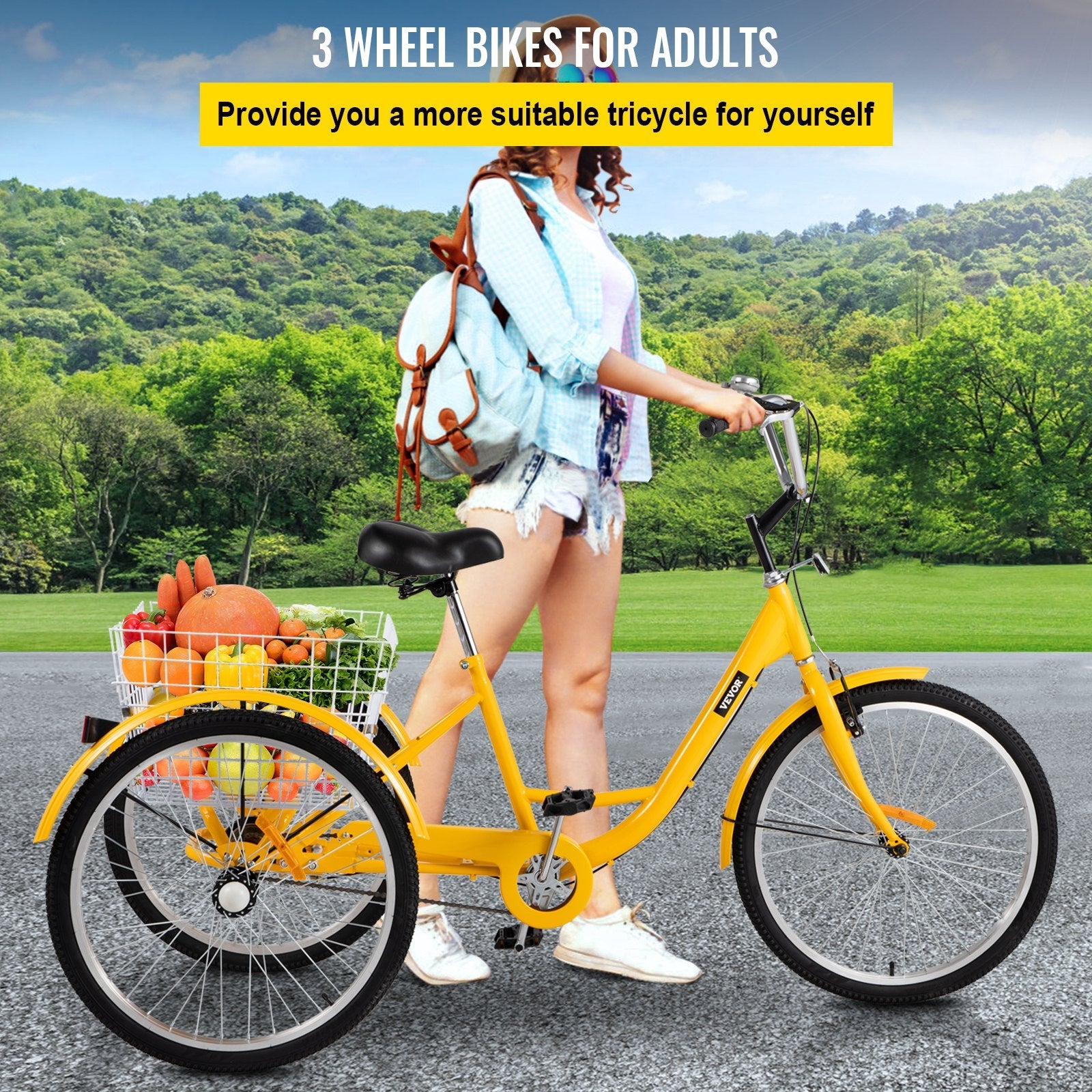 VEVOR Yellow Adult Tricycle 24'' 1-Speed 3 Wheel Bikes, Foldable Adult Tricycle 3 Wheel Bike Trike for Adults 