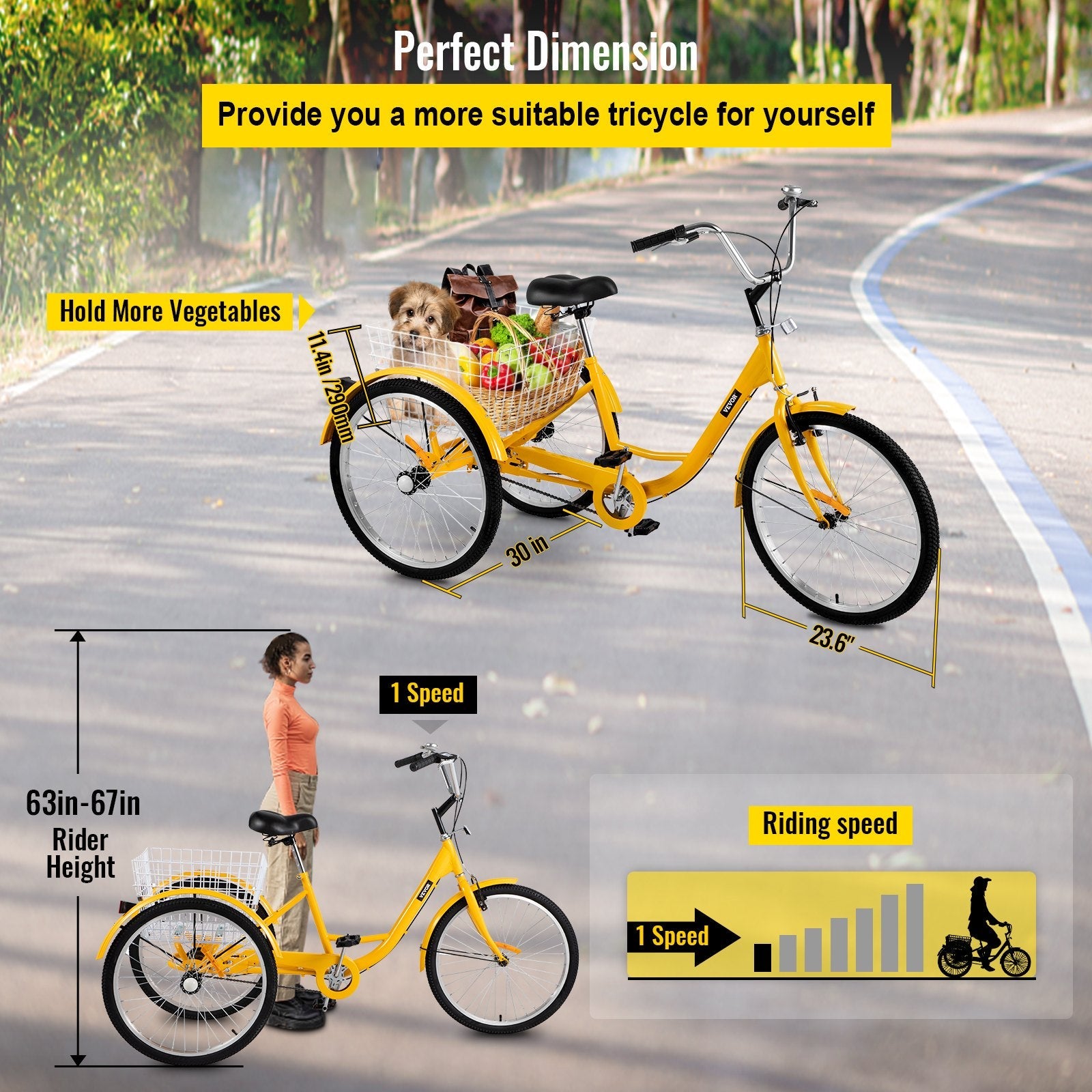 VEVOR Yellow Adult Tricycle 24'' 1-Speed 3 Wheel Bikes, Foldable Adult Tricycle 3 Wheel Bike Trike for Adults 