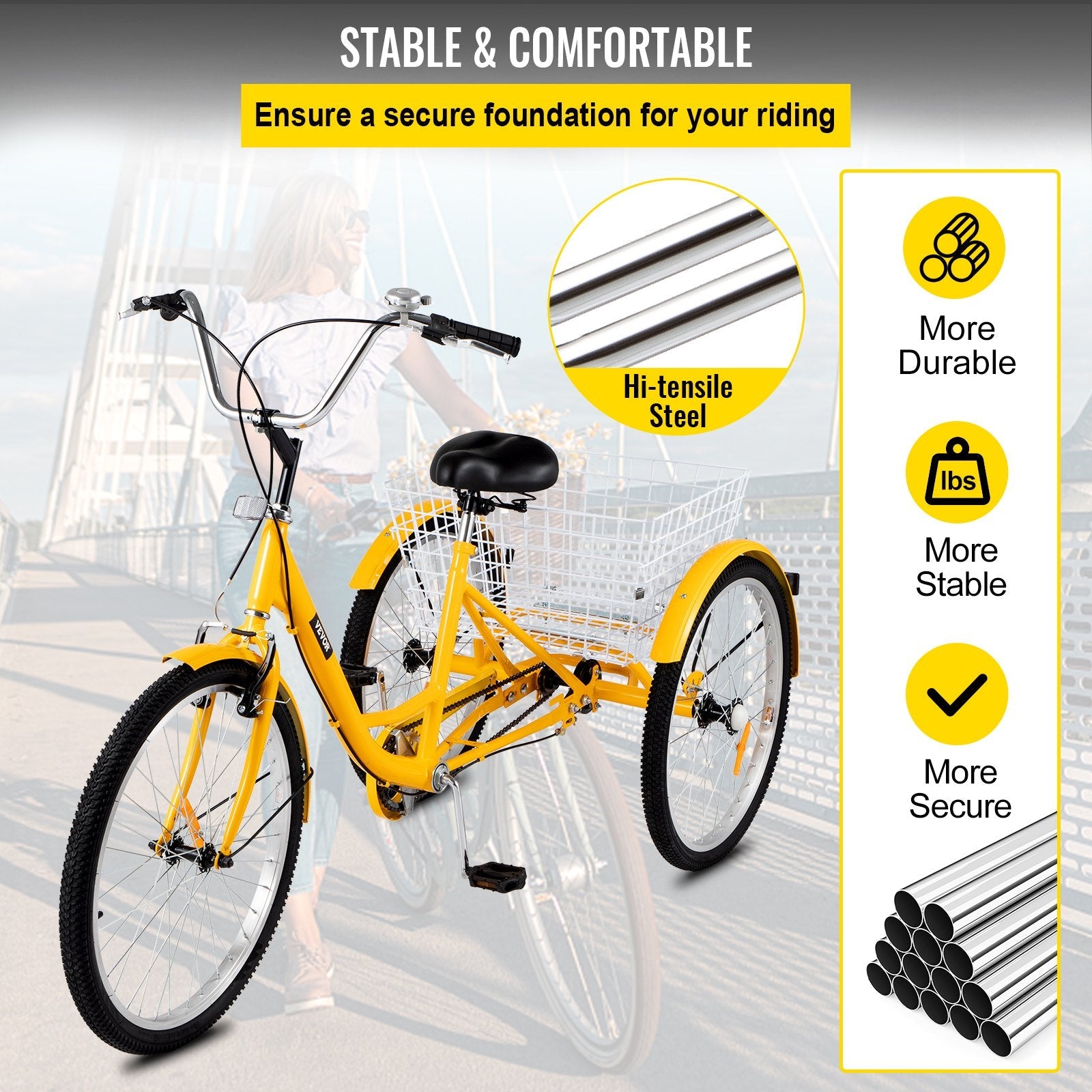 VEVOR Yellow Adult Tricycle 24'' 1-Speed 3 Wheel Bikes, Foldable Adult Tricycle 3 Wheel Bike Trike for Adults 