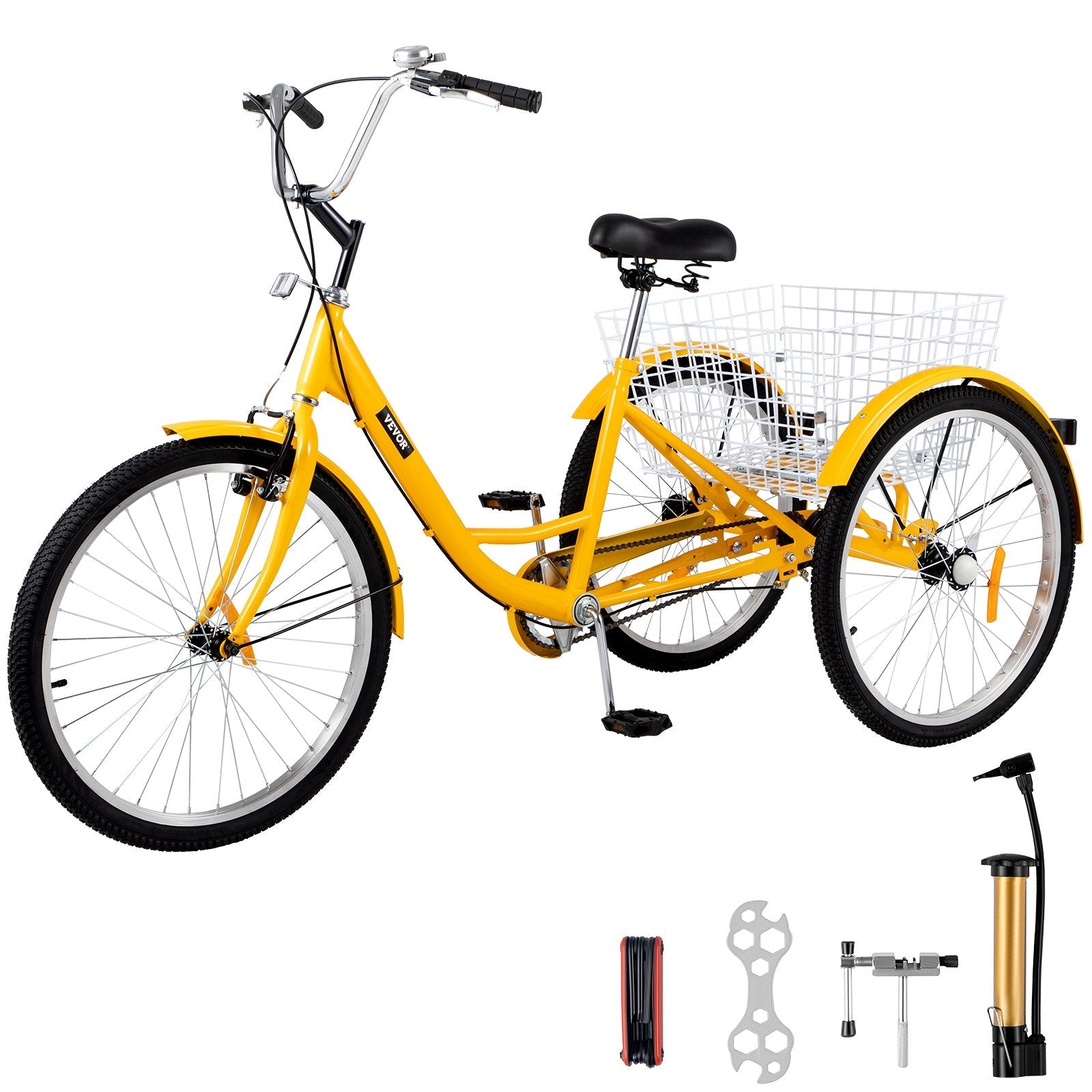 VEVOR Yellow Adult Tricycle 24'' 1-Speed 3 Wheel Bikes, Foldable Adult Tricycle 3 Wheel Bike Trike for Adults 