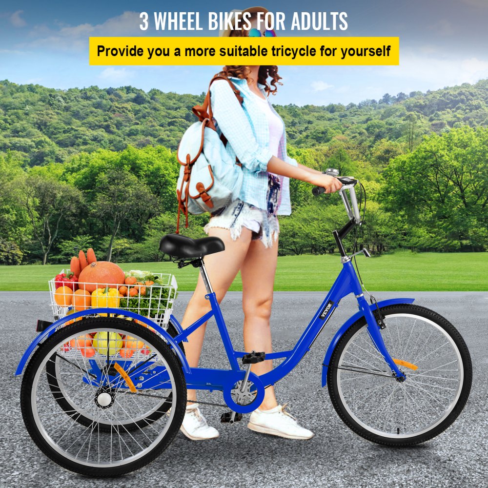 VEVOR Tricycle Adult 24 INCH Three Wheels Adult Tricycle 1 Speed 3 Wheel Bikes for Adults Folded for Easy Move and with Large Basket Great for Recreation Shopping and Exercises(Blue) 