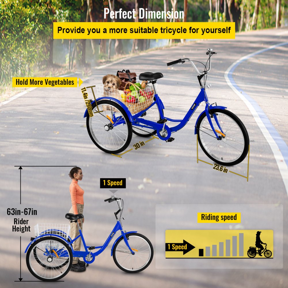 VEVOR Tricycle Adult 24 INCH Three Wheels Adult Tricycle 1 Speed 3 Wheel Bikes for Adults Folded for Easy Move and with Large Basket Great for Recreation Shopping and Exercises(Blue) 