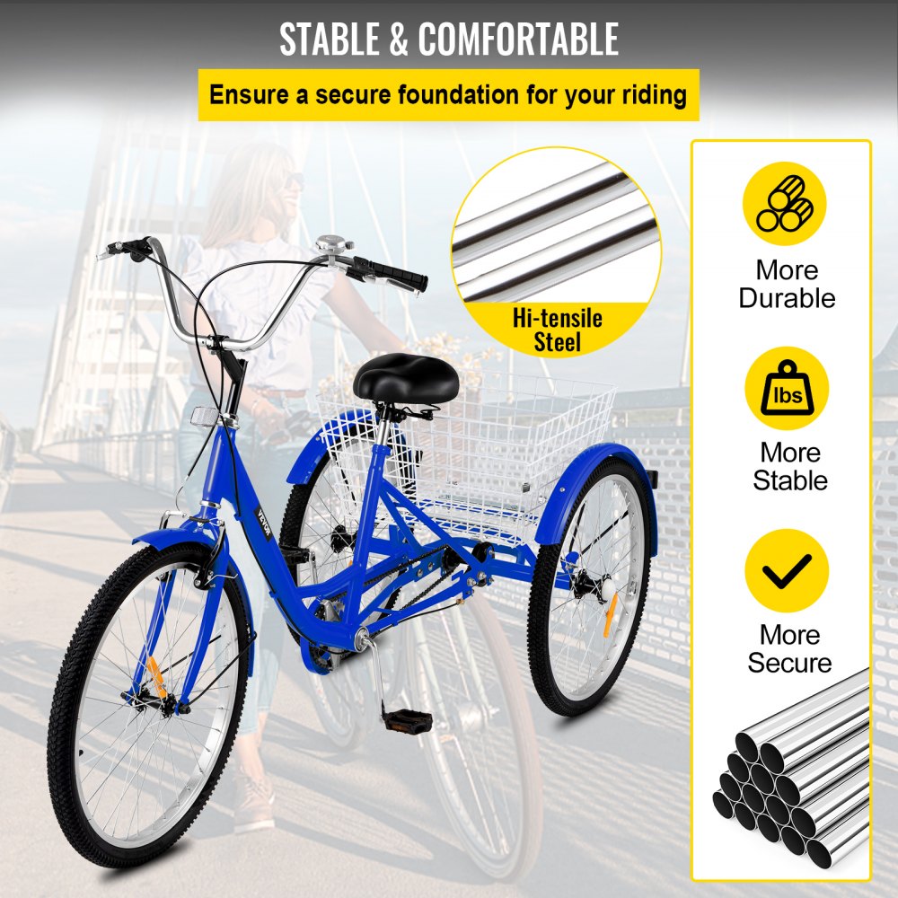VEVOR Tricycle Adult 24 INCH Three Wheels Adult Tricycle 1 Speed 3 Wheel Bikes for Adults Folded for Easy Move and with Large Basket Great for Recreation Shopping and Exercises(Blue) 