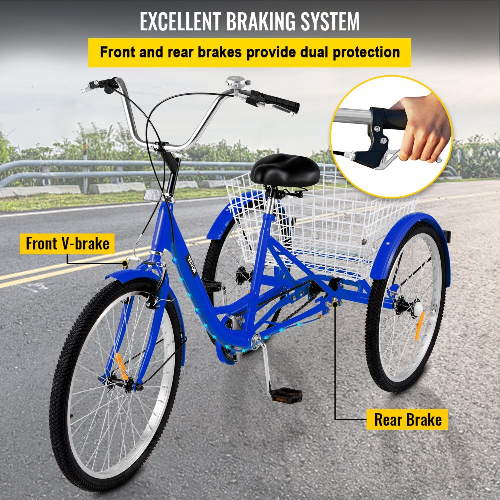 VEVOR Tricycle Adult 24 INCH Three Wheels Adult Tricycle 1 Speed 3 Wheel Bikes for Adults Folded for Easy Move and with Large Basket Great for Recreation Shopping and Exercises(Blue) 