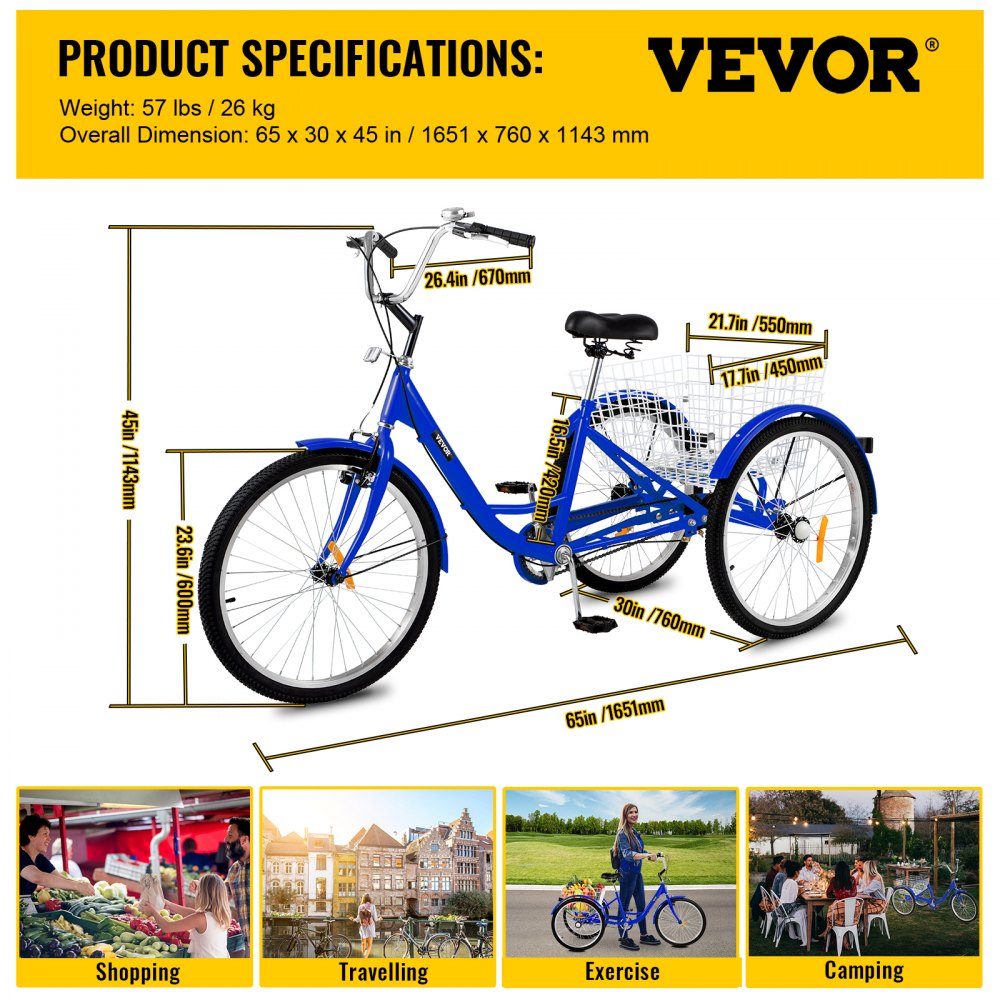 VEVOR Tricycle Adult 24 INCH Three Wheels Adult Tricycle 1 Speed 3 Wheel Bikes for Adults Folded for Easy Move and with Large Basket Great for Recreation Shopping and Exercises(Blue) 