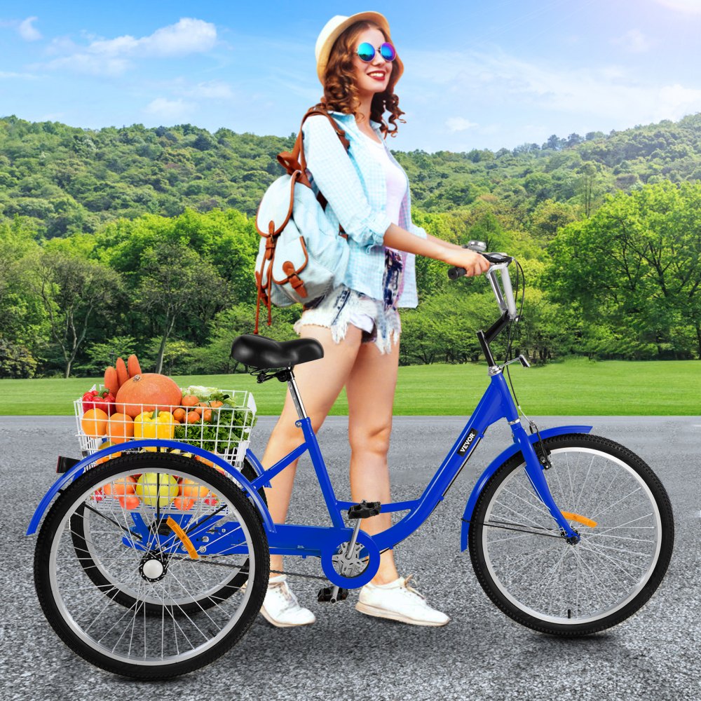 VEVOR Tricycle Adult 24 INCH Three Wheels Adult Tricycle 1 Speed 3 Wheel Bikes for Adults Folded for Easy Move and with Large Basket Great for Recreation Shopping and Exercises(Blue) 
