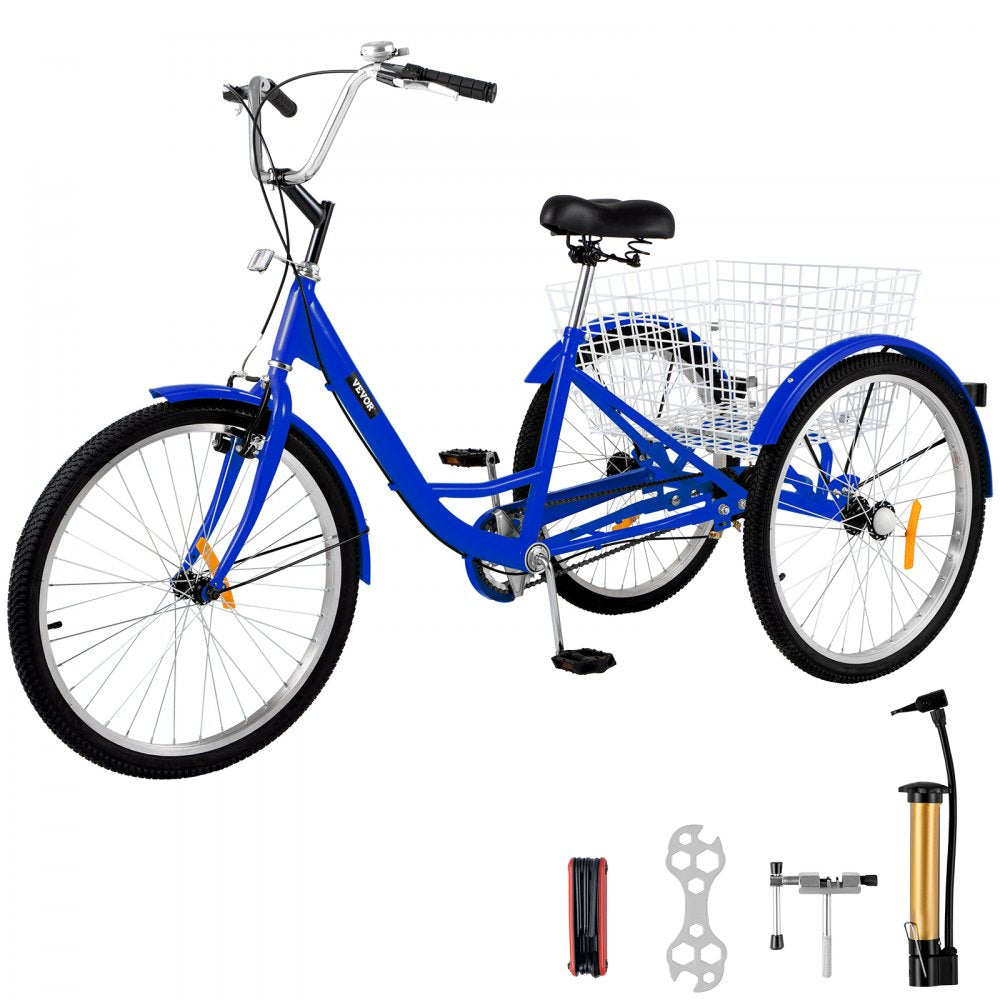 VEVOR Tricycle Adult 24 INCH Three Wheels Adult Tricycle 1 Speed 3 Wheel Bikes for Adults Folded for Easy Move and with Large Basket Great for Recreation Shopping and Exercises(Blue) 