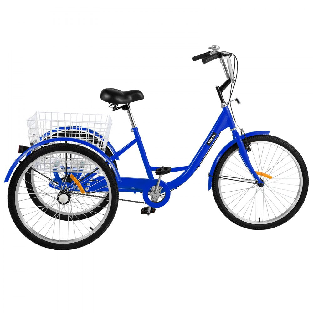 VEVOR Tricycle Adult 24 INCH Three Wheels Adult Tricycle 1 Speed 3 Wheel Bikes for Adults Folded for Easy Move and with Large Basket Great for Recreation Shopping and Exercises(Blue) 