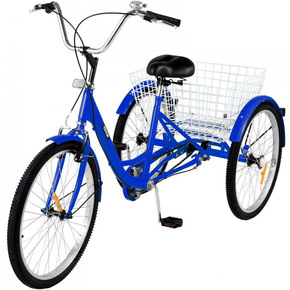 VEVOR Tricycle Adult 24 INCH Three Wheels Adult Tricycle 1 Speed 3 Wheel Bikes for Adults Folded for Easy Move and with Large Basket Great for Recreation Shopping and Exercises(Blue) 