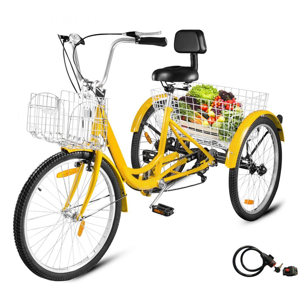 24" Adult Tricycle 3-Wheel 7 Speed Bicycle Trike Double Basket 330LBS Bike 