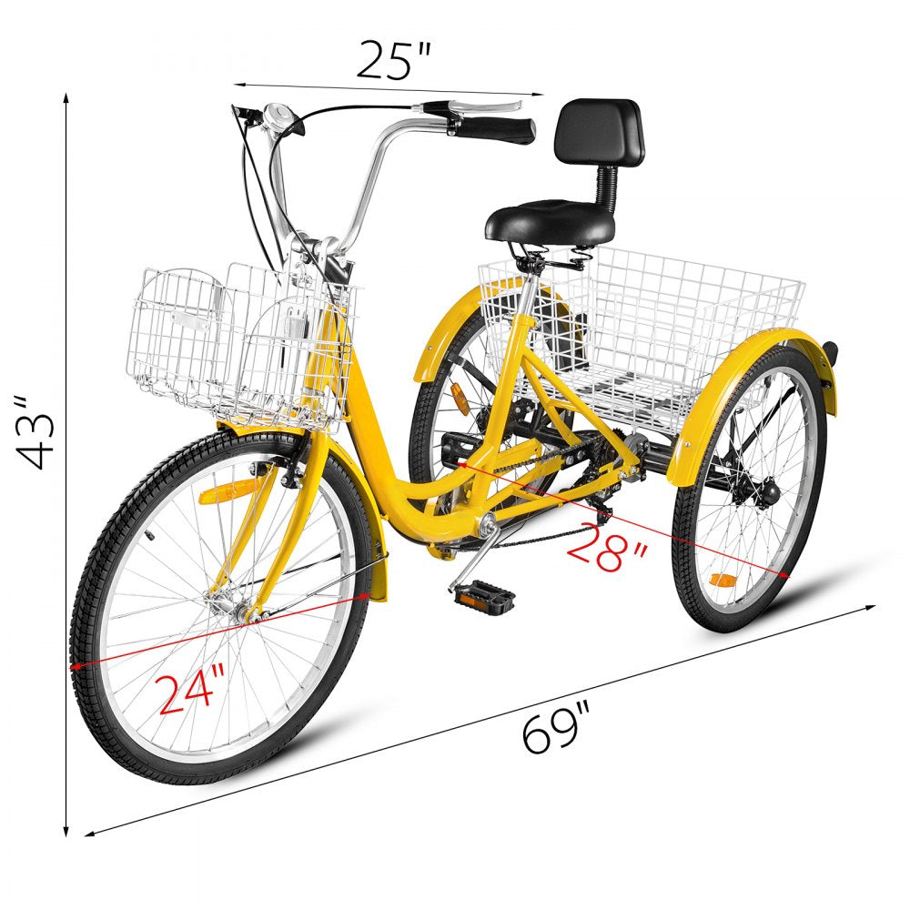 24" Adult Tricycle 3-Wheel 7 Speed Bicycle Trike Double Basket 330LBS Bike 