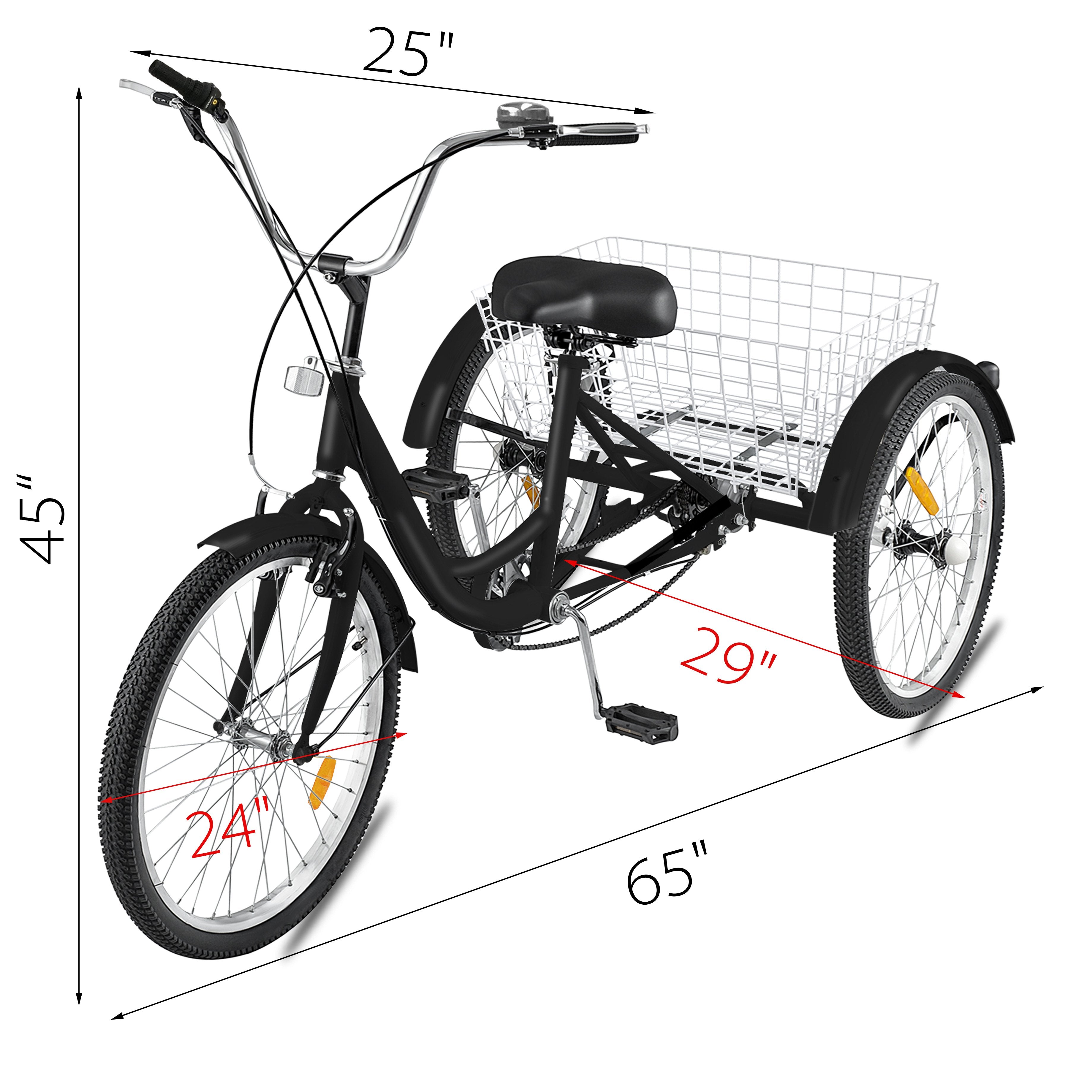 VEVOR Adult Tricycle Single Speed 7 Speed Three Wheel Bike Cruise Bike 24inch Seat Adjustable Trike with Bell, Brake System and Basket Cruiser Bicycles Size for Shopping 
