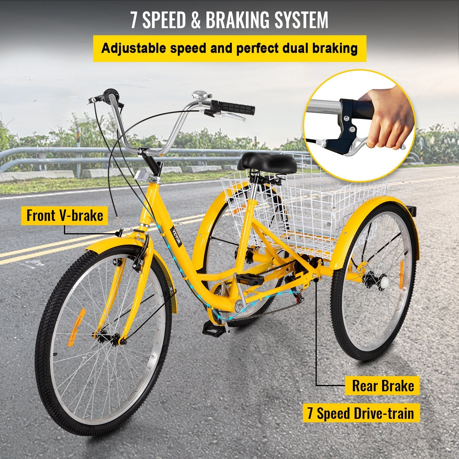 Adult Tricycle 26" 7-Speed 3-Wheel Trike Bicycle Bike Cruise w/ Basket Shooping 