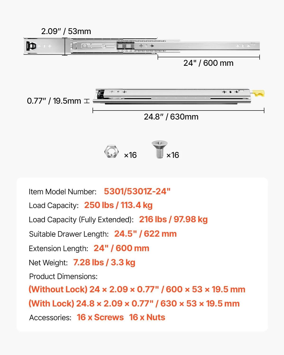 VEVOR 1 Pair Full Extension Drawer Slides 16 18 20 24 30 35 37.4 59 24 32 36 40 48 60 in, 250 lbs Load Capacity Locking Drawer Slides, Ball Bearing with Lock Side Mount Drawer Slide Rail 