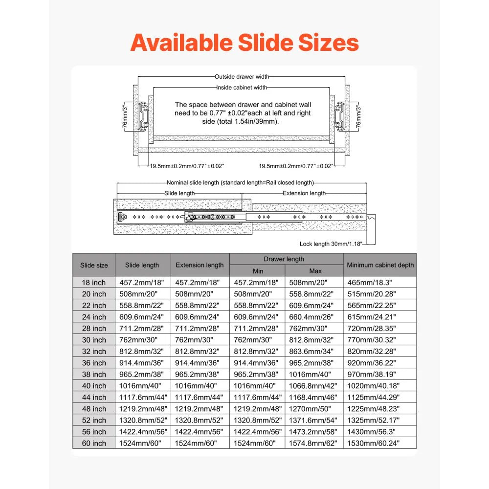 44 in Heavy-Duty Locking Full Extension Drawer Slides, 500 lb Capacity, Ball Bearing Side Mount Rails (1 Pair)