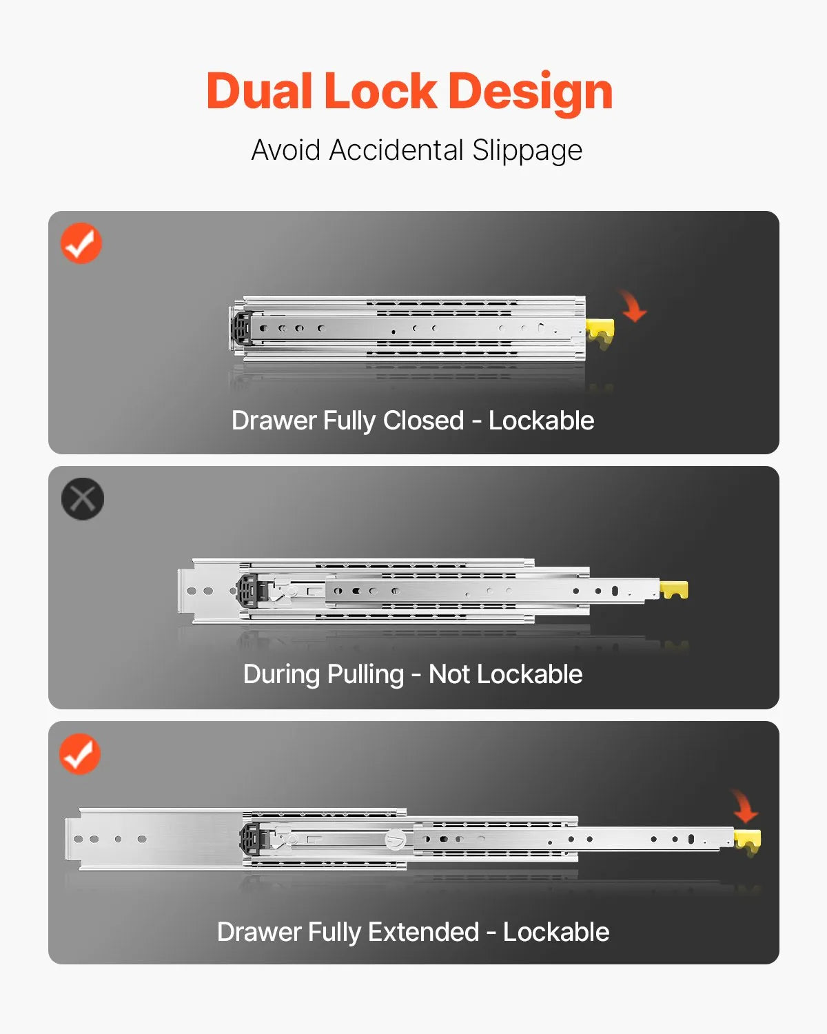 VEVOR 1 Pair Full Extension Drawer Slides 18 20 22 28 30 32 36 38 40 44 48 52 56 60 in, 500 lbs Load Capacity Drawer Slides, Ball Bearing with Lock Side Mount Drawer Slide Rail 