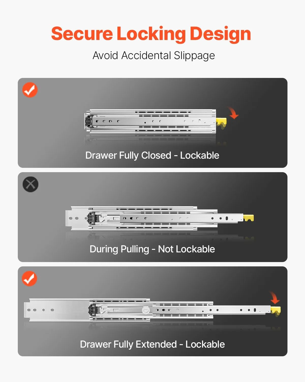 VEVOR 1 Pair Locking Full Extension Drawer Slides, 16–60 in Sizes, 500 lbs Heavy-Duty Ball Bearing Side Mount Rails 